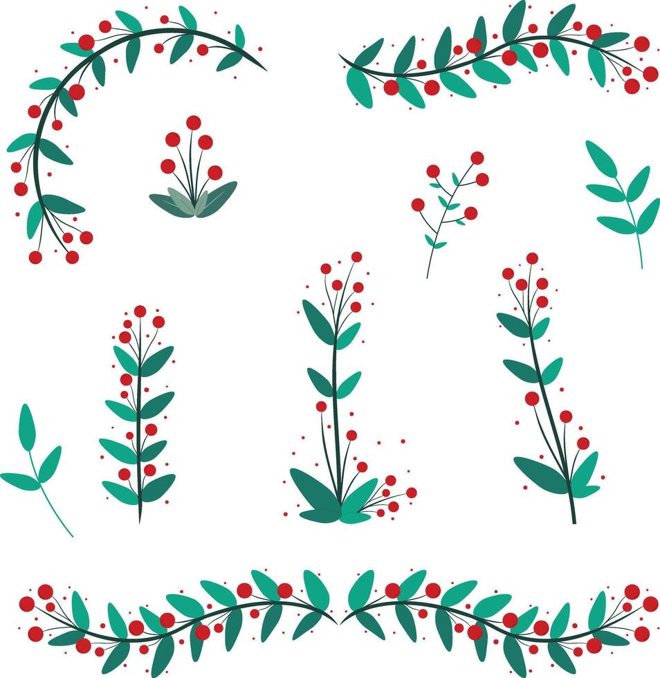 Set Of Green Leaves And Red Cherries For Christmas Wreath Decoration vector