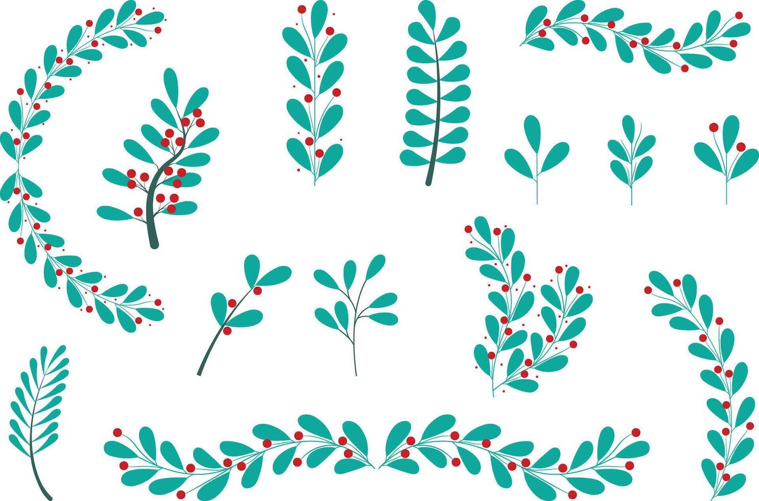 Set Of Red Cherries And Green Leaves For Decorating Wreaths vector