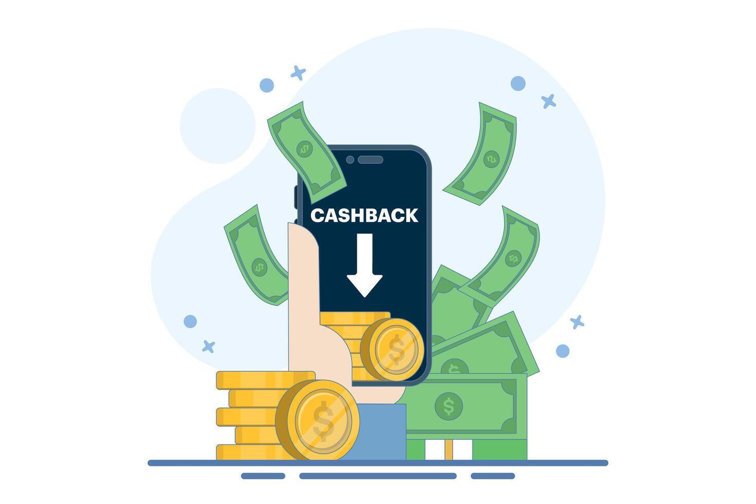 Cashback or online cashback concept. Get cashback for shopping. Savings offers using cashback vouchers. Save money, get vouchers and discounts, reward programs. Flat illustration. vector