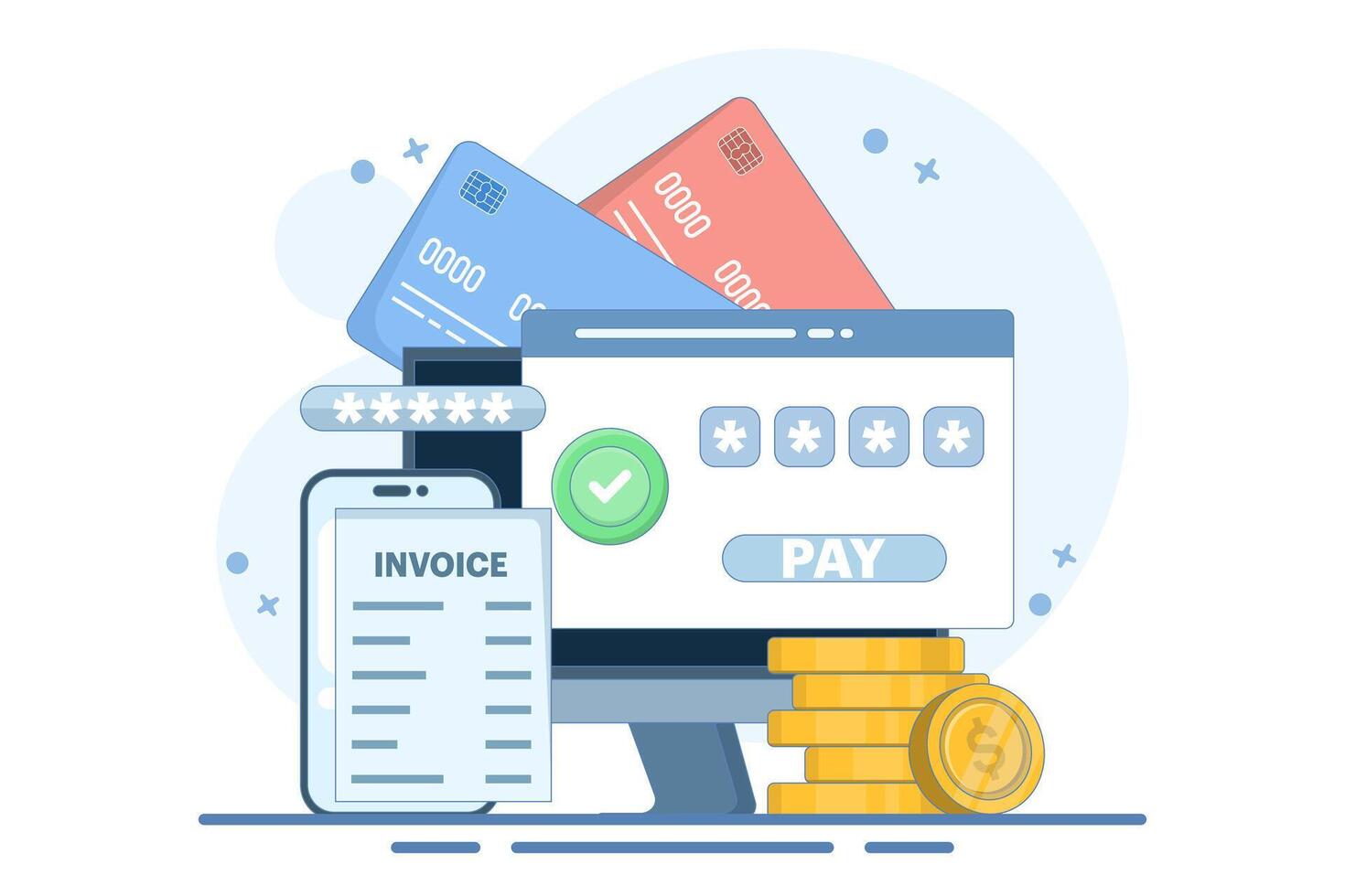 Online payment concept. Device with electronic invoice. Confirmation of financial transactions via SMS. Coins and payment cards. Flat illustration on the background. vector
