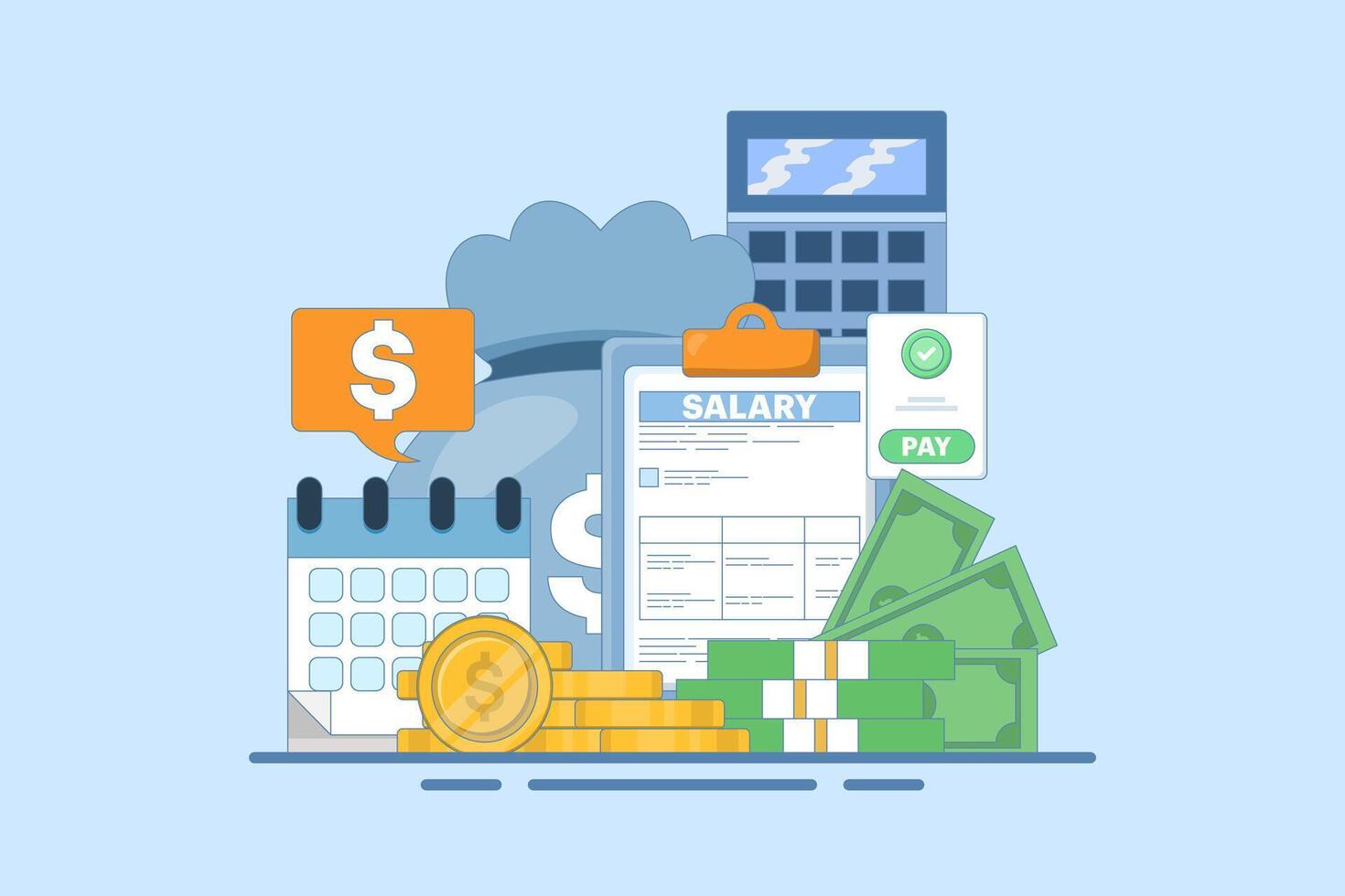 Payroll Concept, payroll administration, accountant calculating salary, Expenses, salary calculation for web landing page template, banner, flyer. Flat illustration on background. vector