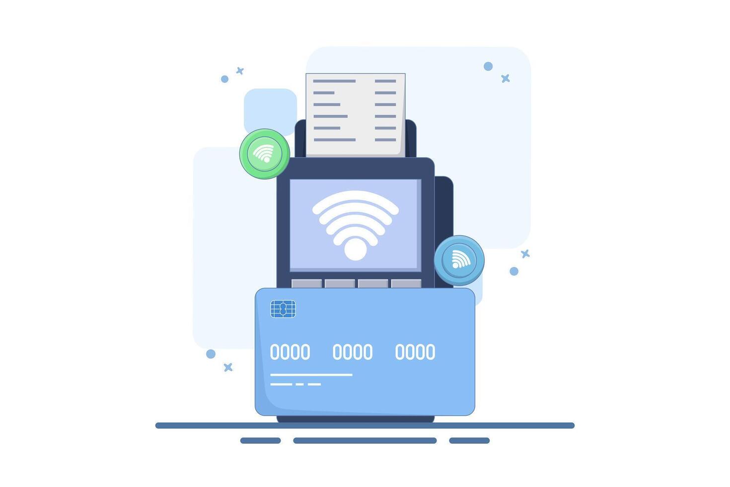 digital or electronic transaction concept, Contactless Payment. Hand holding payment card near POS terminal to pay. Transaction with NFC technology. Flat illustration. vector