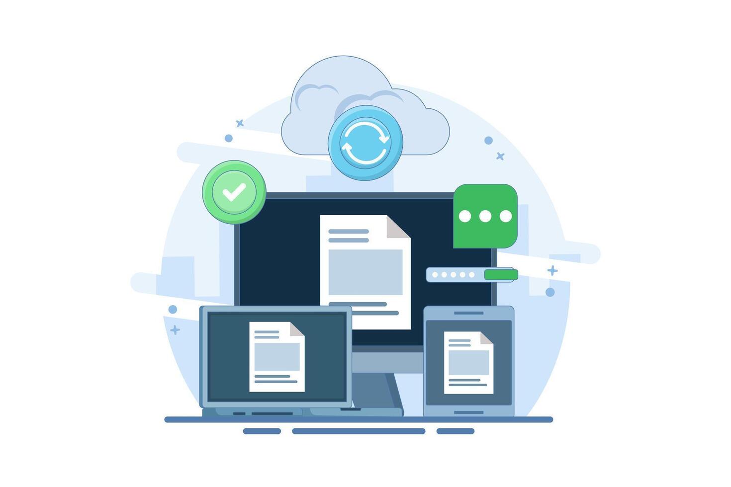 Cloud server storage concept, Copying files, Cloud hosting, Uploading data to secure cloud server, Data storage and processing. Cloud hosting and networking services. Flat illustration. vector