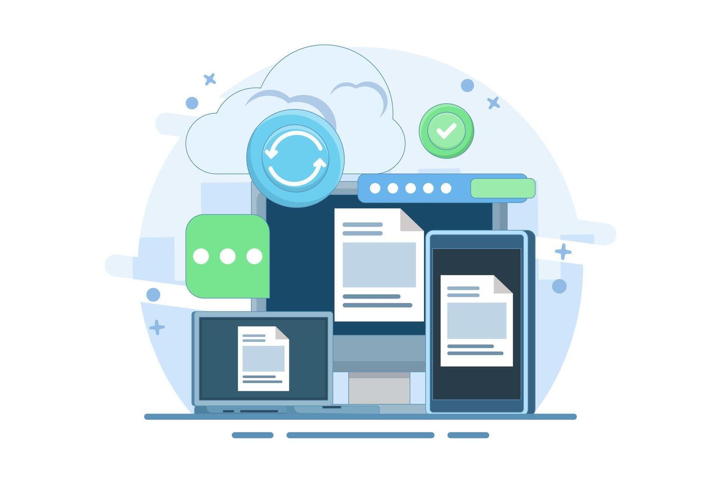 Cloud server storage concept, Copying files, Cloud hosting, Uploading data to secure cloud server, Data storage and processing. Cloud hosting and networking services. Flat illustration on background. vector