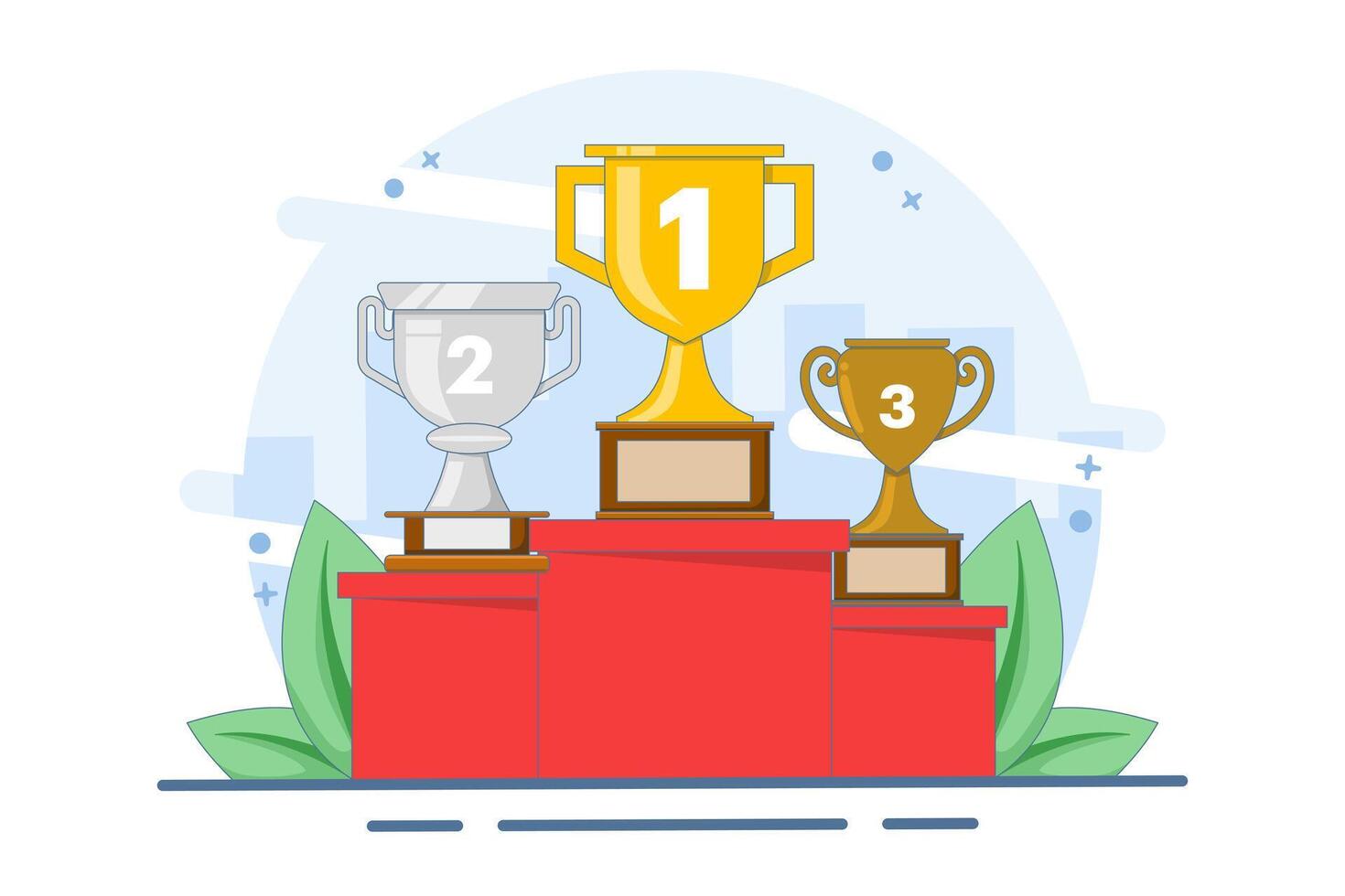 Concept of winner podium with trophies. Prizes for champions. Gold, silver and bronze cups. Winners with awards. About business success, awards, career, successful projects and competitions. vector