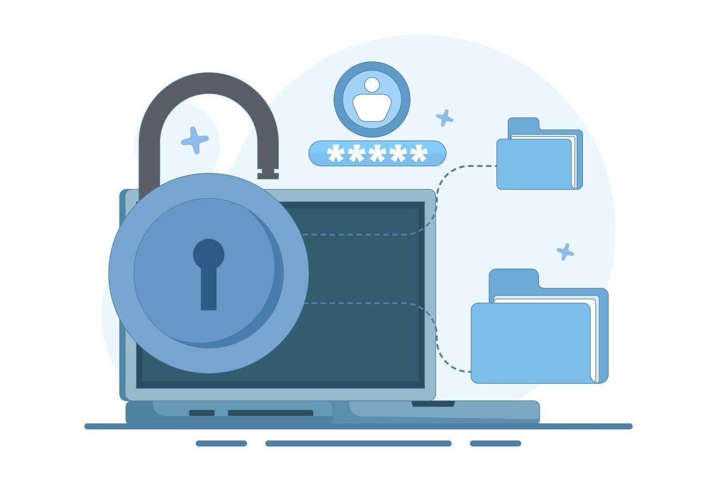 file security and safety concept. folder lock application or software. giving a password to a document. user with a big padlock. illustration in flat style design. vector