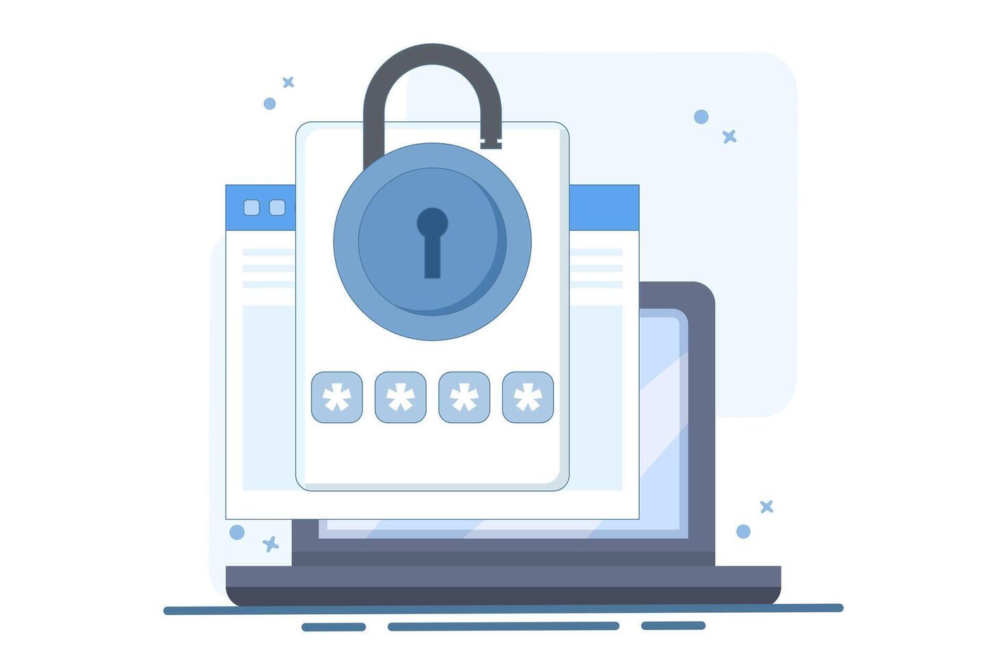 Security access notification concept, web internet notification verification code on device screen for authentication, website password on laptop computer, flat illustration on background. vector
