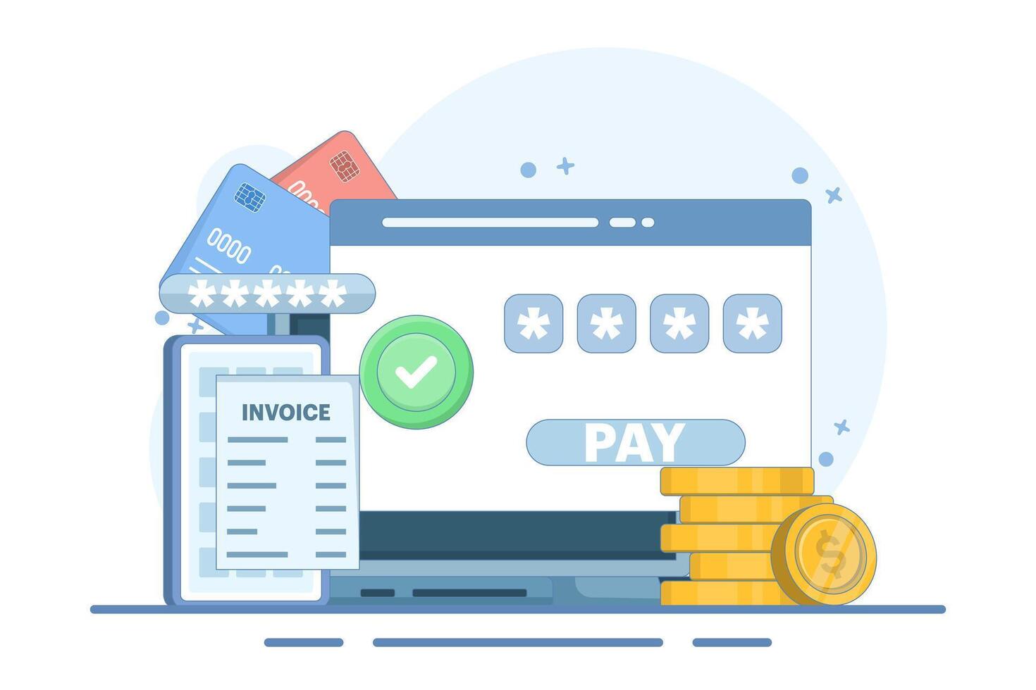 Online payment concept. Device with electronic invoice. Confirmation of financial transactions via SMS. Coins and payment cards. Flat illustration. vector