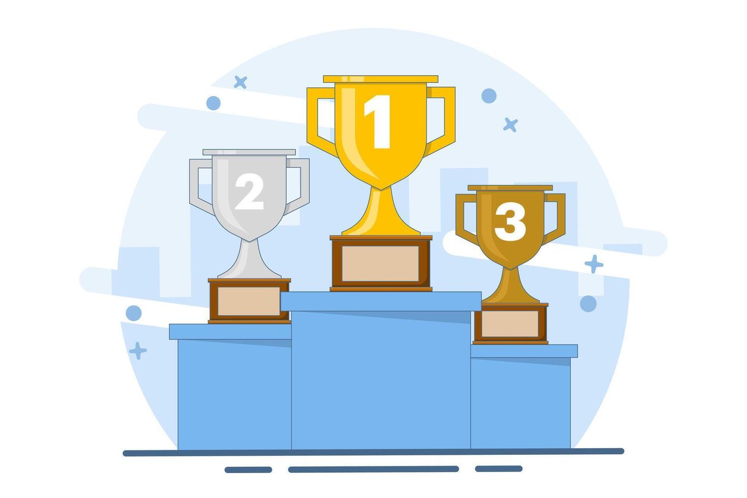 Concept of winner podium with trophies. Prizes for winners. Gold, silver and bronze cups. Winners with awards. Business success, awards, career, successful competitions. Flat illustration. vector