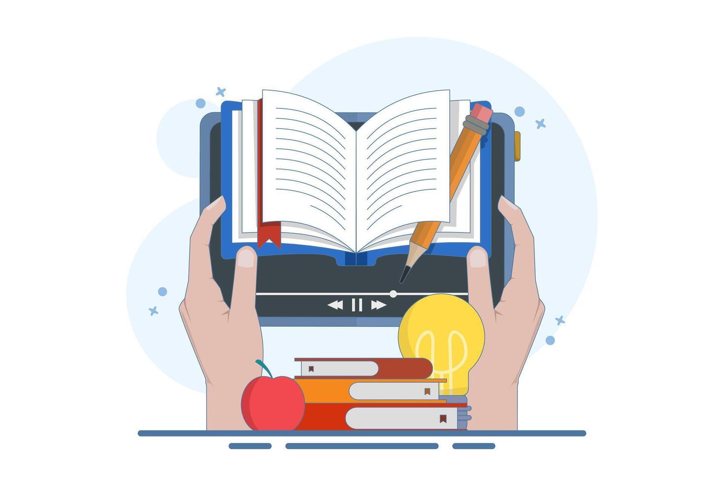 Online education concept, A person gains knowledge to achieve success and better ideas. Online education or business training. Device with open book, light bulb, apple, Flat illustration. vector
