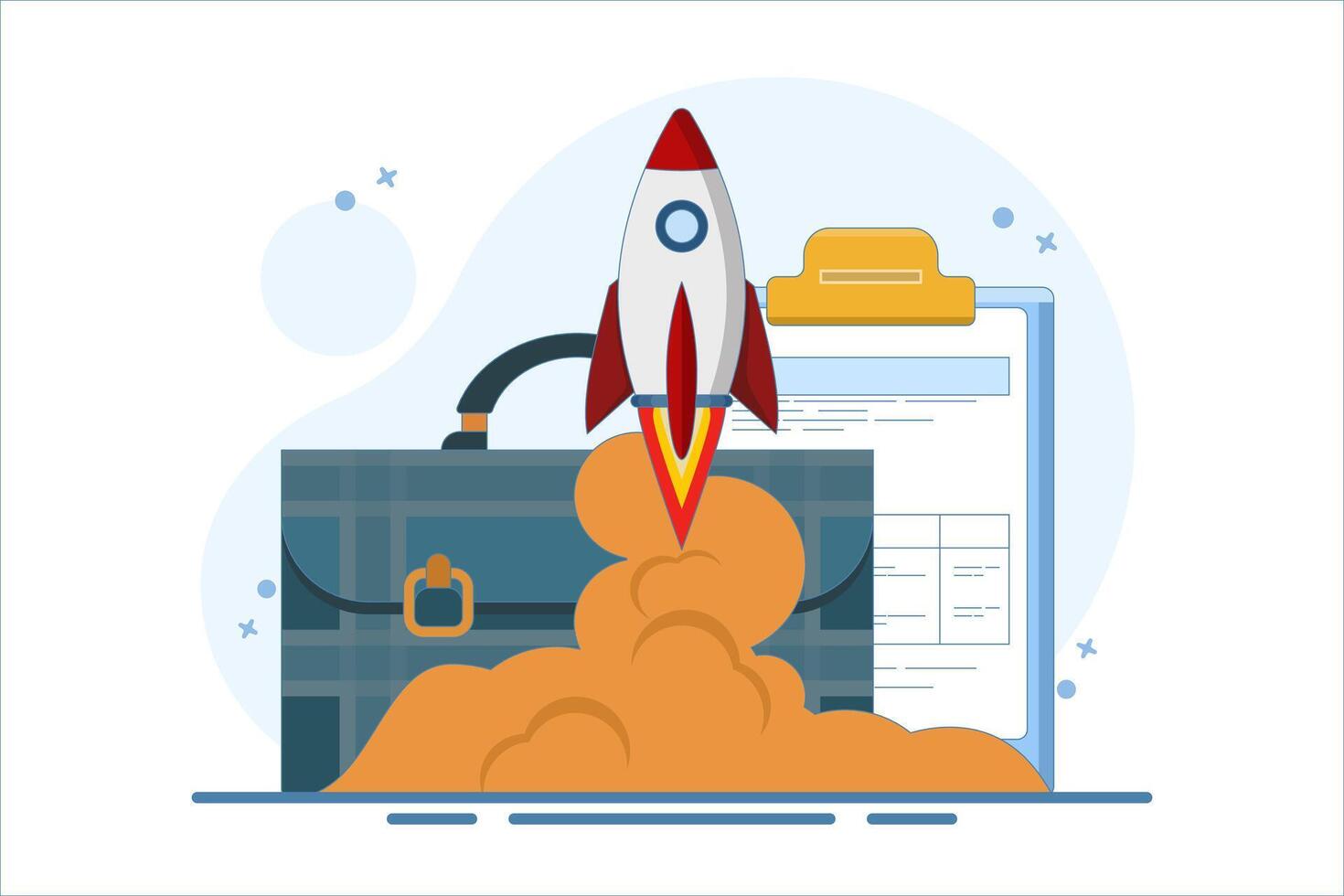 the concept of growth and success in business. the rocket launching from a briefcase containing coins and a clipboard, symbolizes growth and success in business. vector