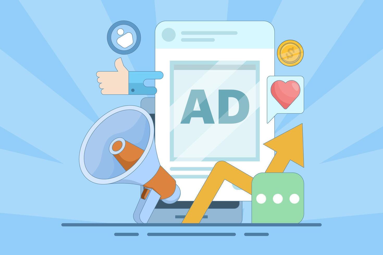 Social media advertising concept, Running social media ads to get more traffic, conversions and sales. online management or advertising. flat illustration in the background. vector