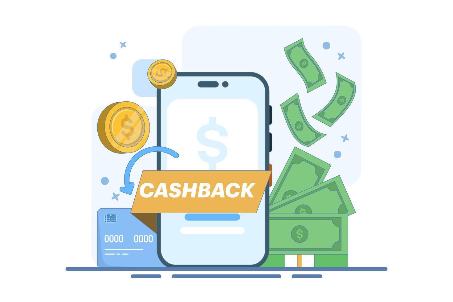 Cashback or online cashback concept. Get cashback for shopping. Savings offers using cashback vouchers. Save money, get vouchers and discounts, reward programs. Flat illustration. vector