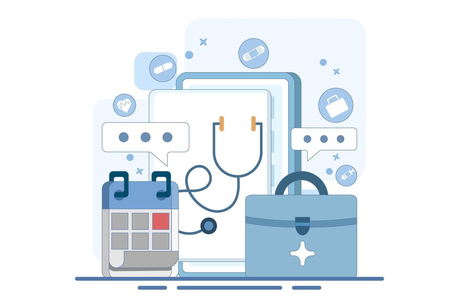 The concept of online health telemedicine. Online medical consultation and health services through an internet clinic mobile application connected to a computer. Online doctor consultation. vector
