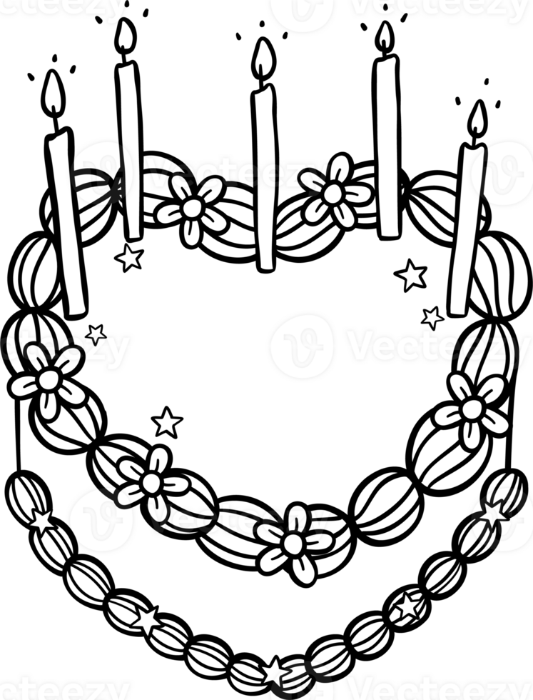 Groovy Birthday Heart Cake with Candles Doodle Coloring Image png