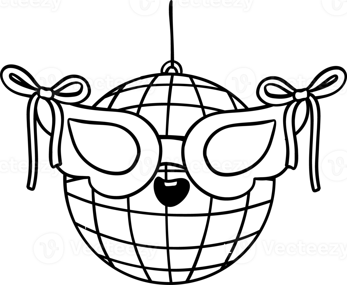 Groovy Disco Ball with Mask Doodle Hand Drawn Coloring Image png