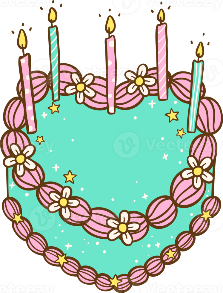 Groovy Birthday Heart Cake with Candles Doodle Hand Drawn png