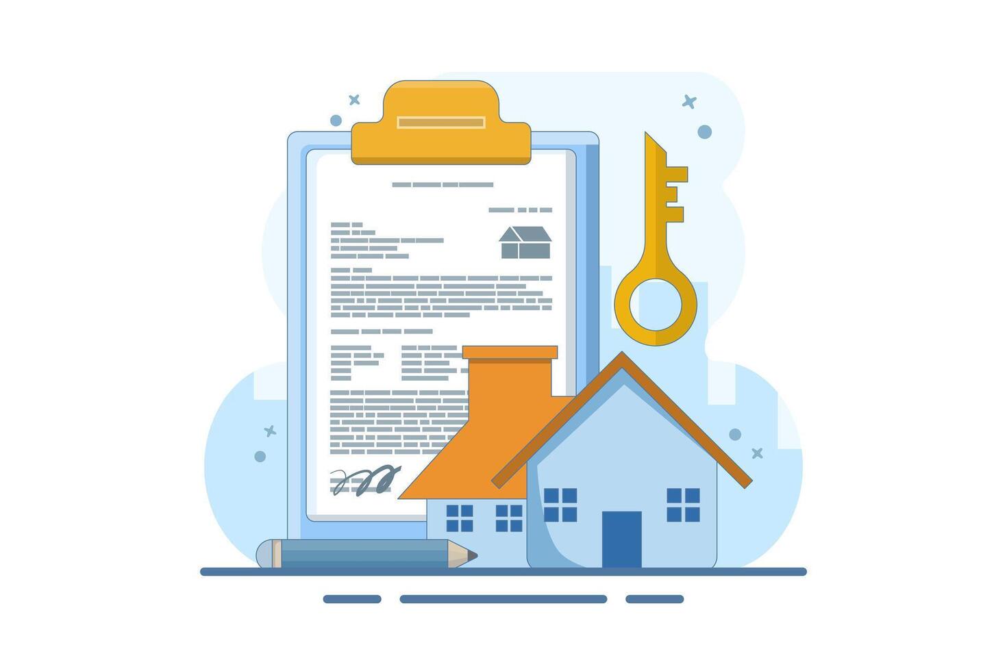 house agreement concept in real estate agency. beautiful house with application form, form. Real estate agent buy house real estate contract. flat graphic design illustration. vector