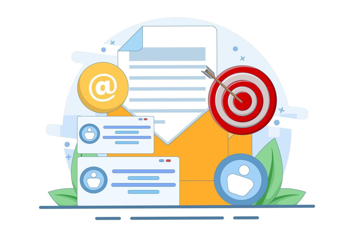 Concept of approaching target audience using email marketing, Online business strategy, Advertising, Email newsletter, sending messages, marketing materials, banners. Flat illustration. vector
