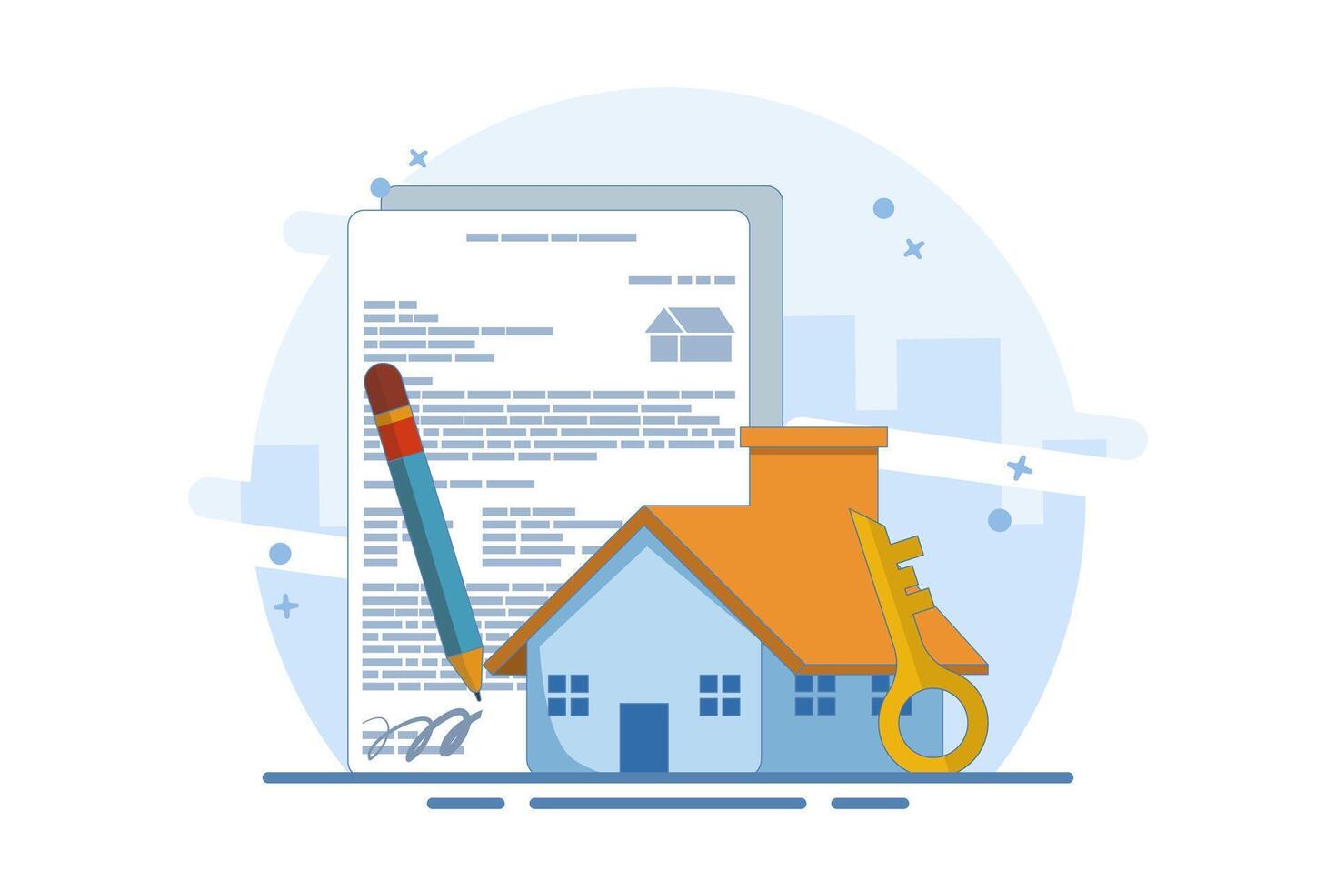 house agreement concept in real estate agency. beautiful house with application form, for. handover of house ownership, real estate agent buy house real estate contract. vector