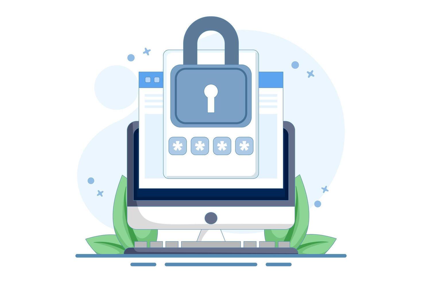 Website password security access notification concept on laptop computer, web internet notification verification code on device screen for authentication, flat illustration. vector