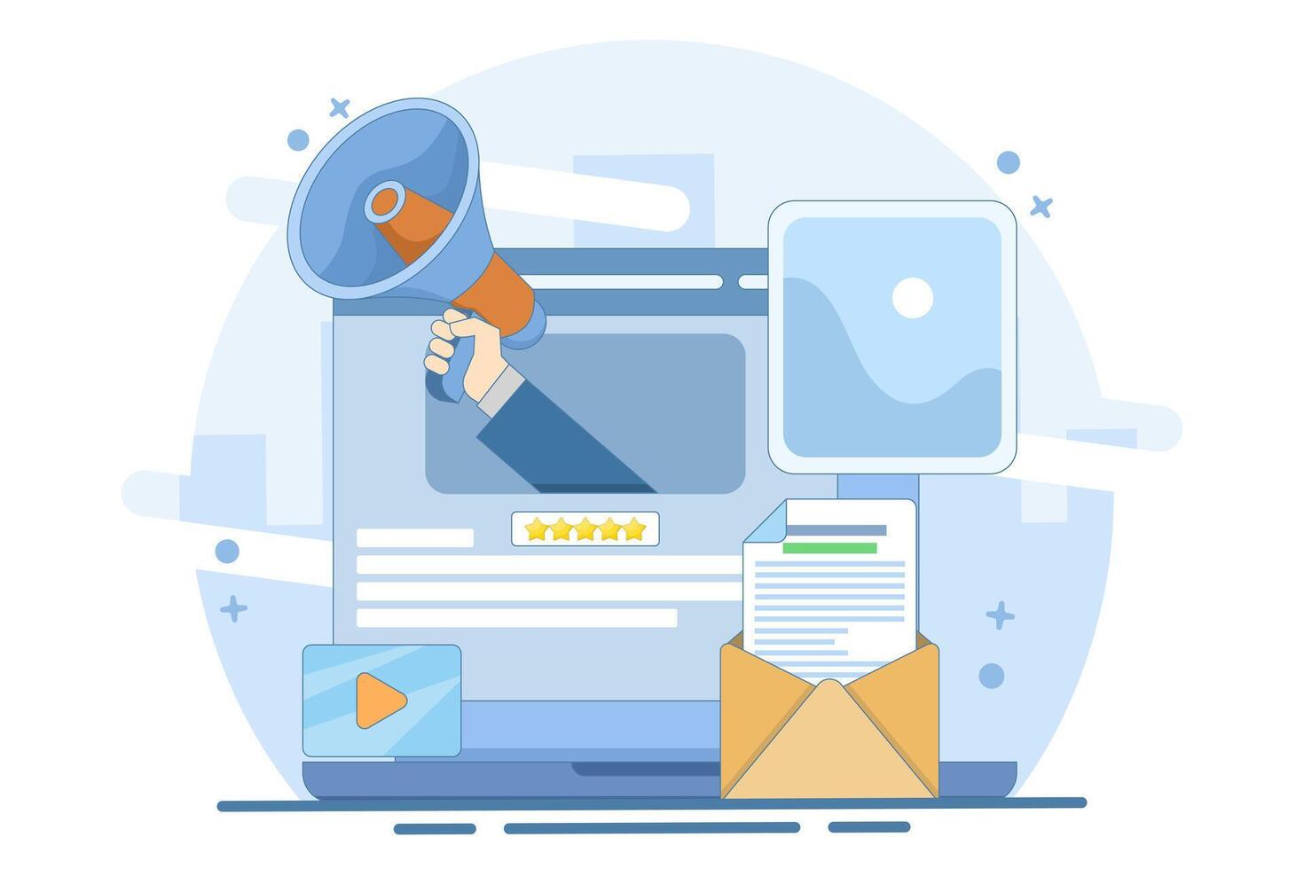 Blogger Concept, Blog content, Blogging, posting for web pages, presentations, social media, posters. Commercial blog posts, Internet, Keeping you satisfied with web visitors. Flat illustration. vector