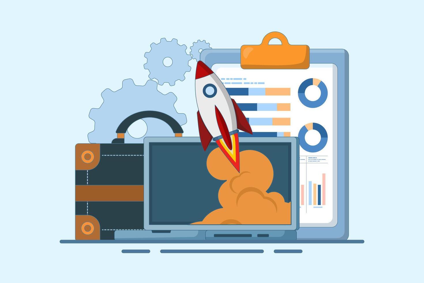 growth and success concept in business. rocket launch from briefcase containing coins and clipboard, symbolizes growth and success in business. flat illustration on background. vector