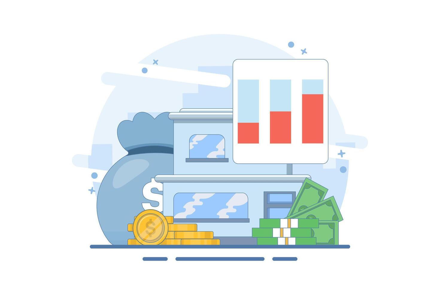 Concept of investing in home or real estate. Real estate and stack of coins with increasing graph. Saving for home, property financing, money investment. Flat illustration. vector