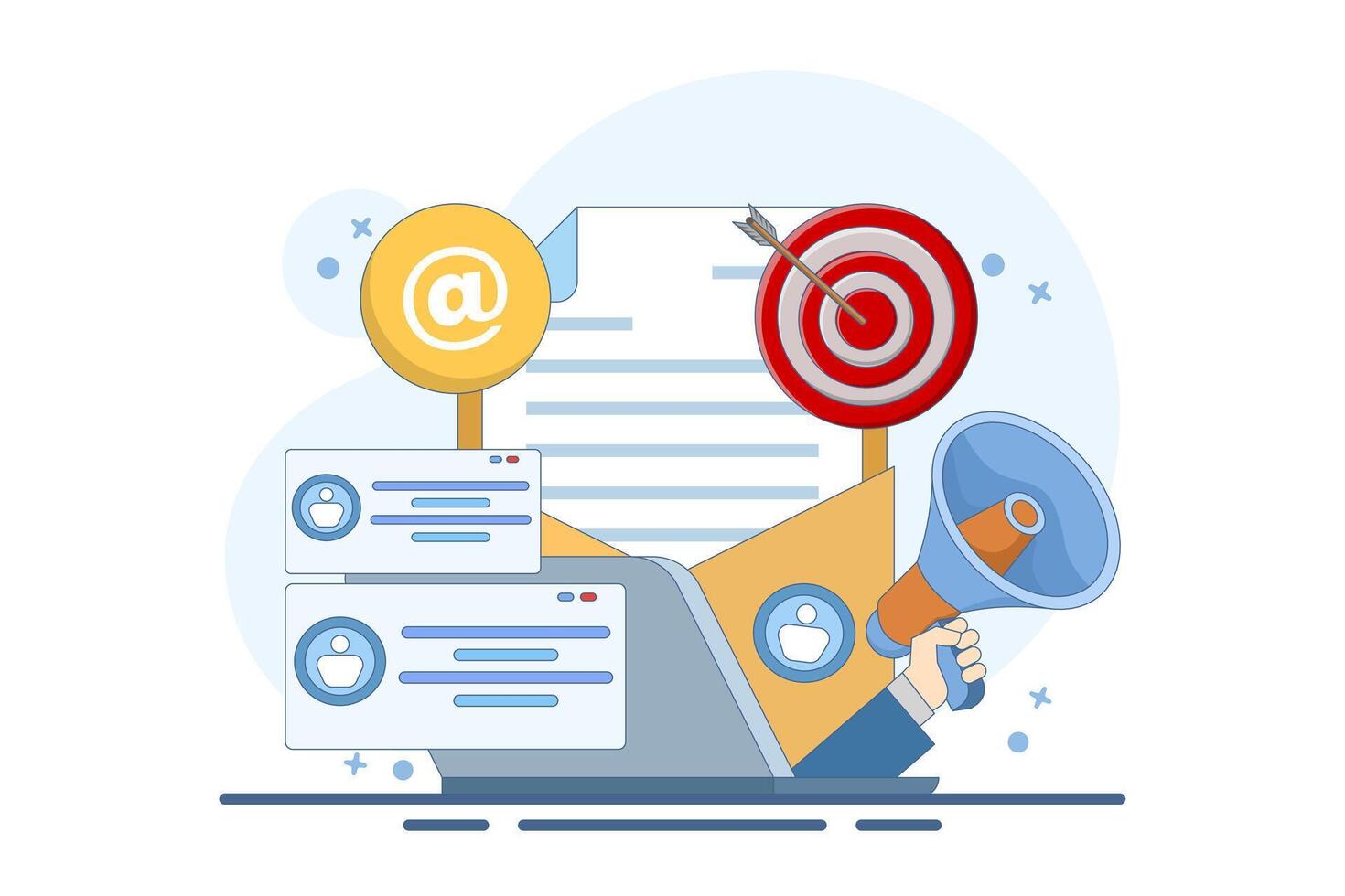 Concept of approaching target audience using email marketing, Email newsletter, messaging, Online business strategy, Advertising, email marketing, banners. Flat illustration on background. vector