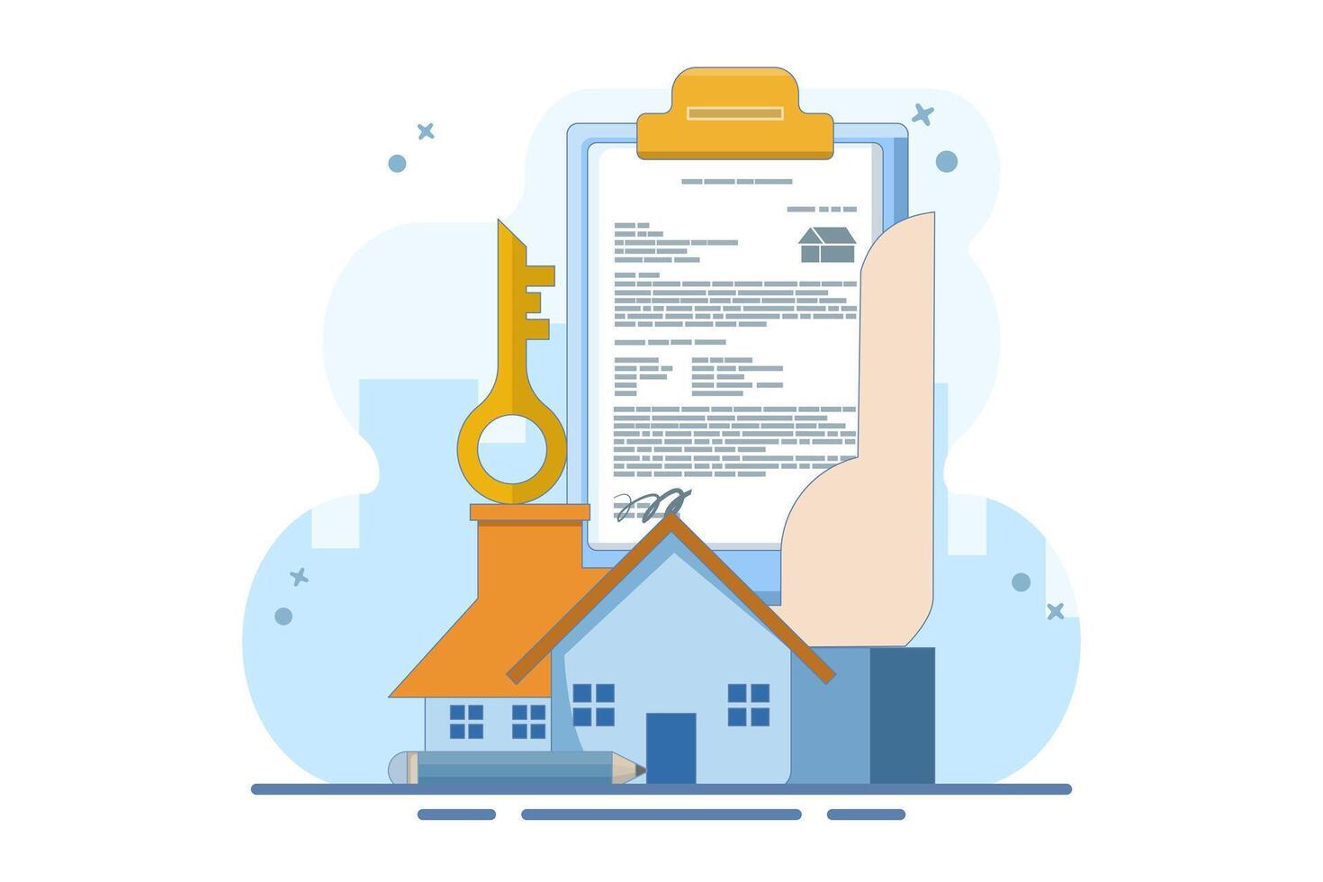 house agreement concept in real estate agency. beautiful house with application form, form. Real estate agent buy house real estate contract. flat design illustration in background. vector