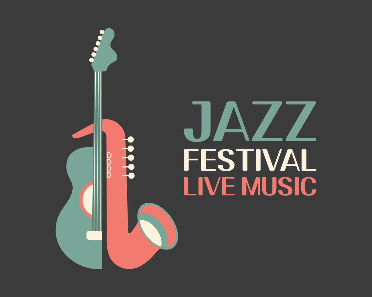 Jazz poster background template for music festival with guitar and saxophone. Event flyer design. Retro style illustration vector
