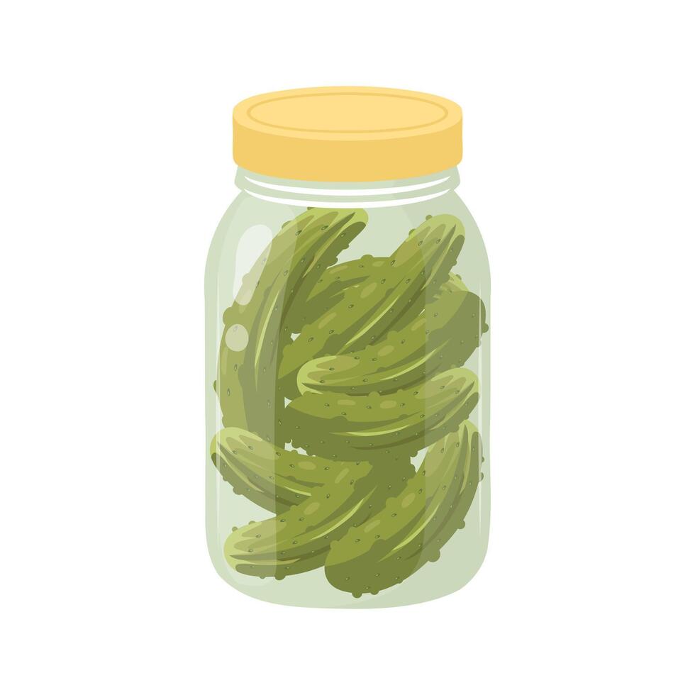 Pickled cucumbers in a glass jar. Canned vegetables. Illustration on a white background. vector
