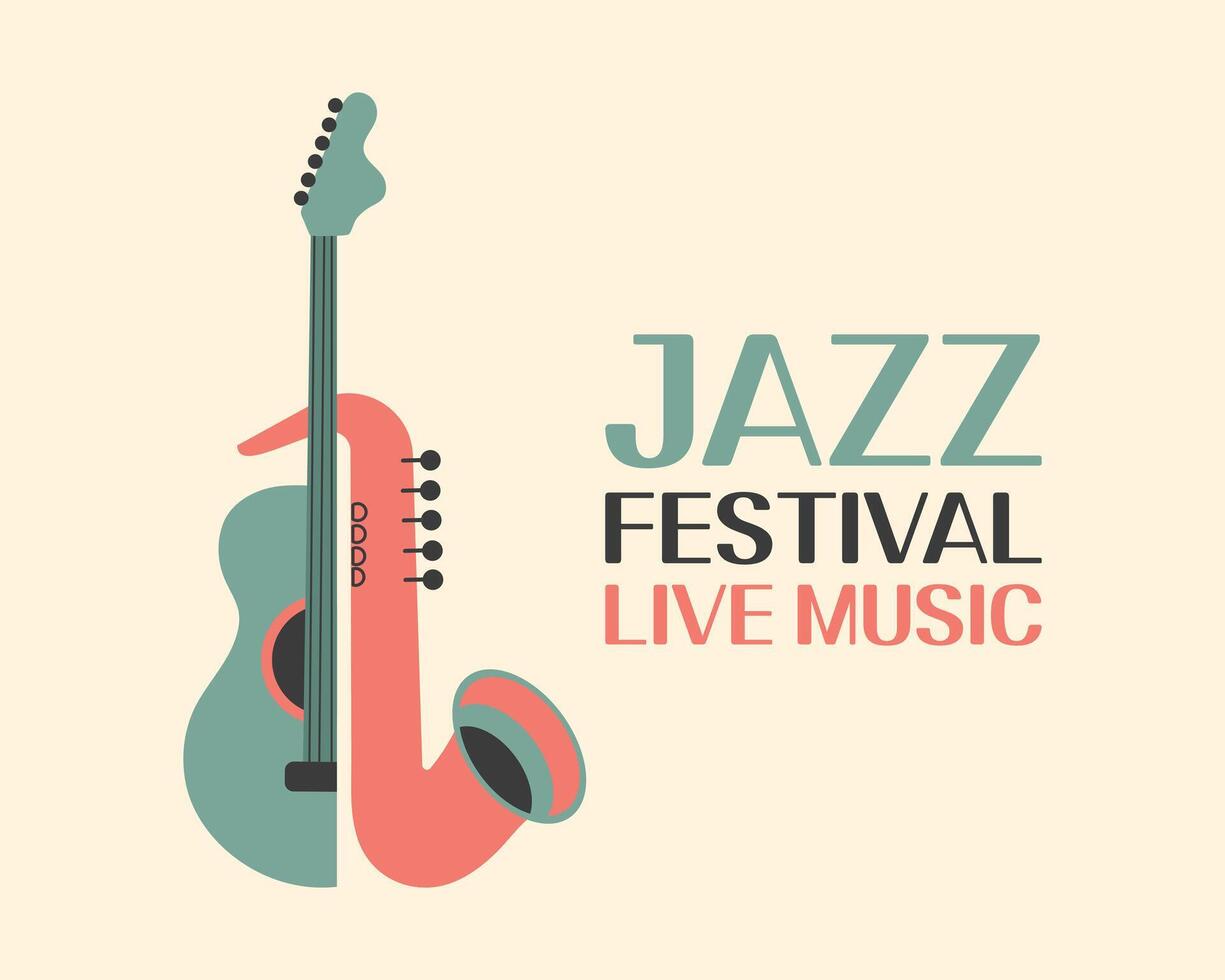 Jazz poster background template for music festival with guitar and saxophone. Event flyer design. Retro style vector