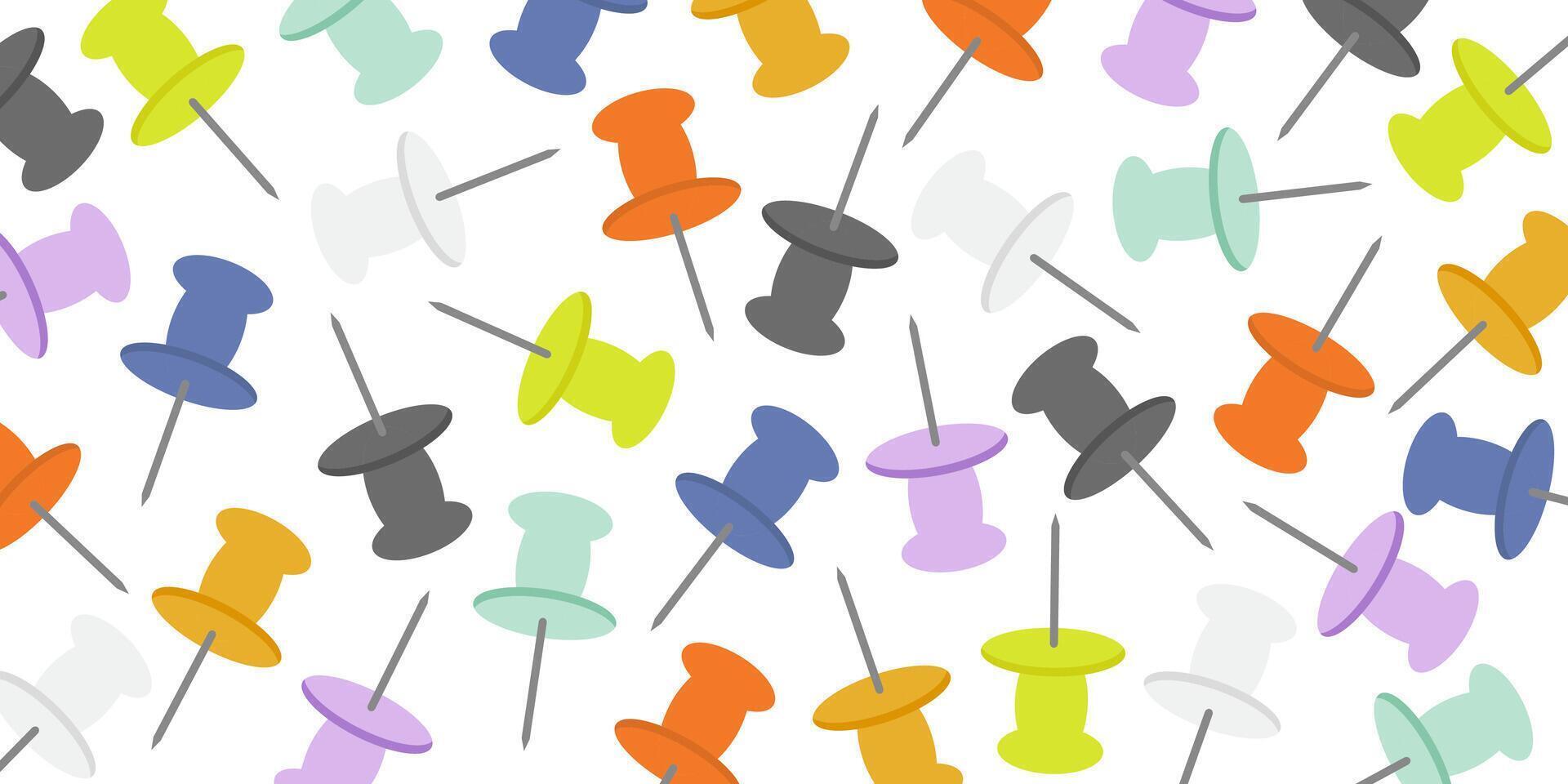 Horizontal backdrop with multi-color push pins. Thumbtacks scattered on white background. vector