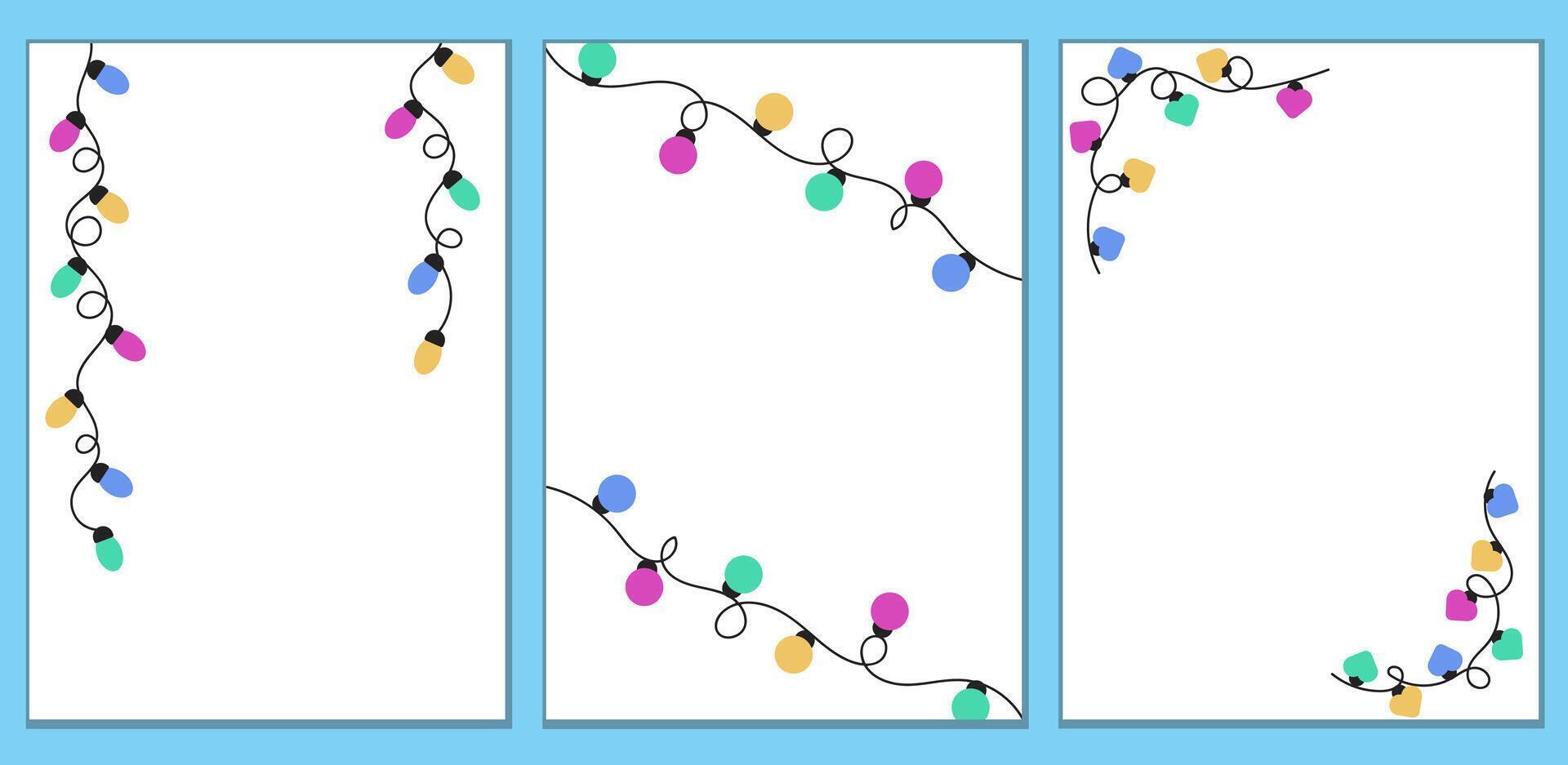 Set of vertical posters with wavy garland lights. Christmas, wedding or birthday celebration templates with empty space for text. vector