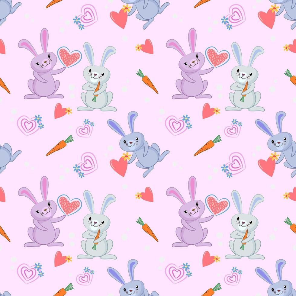 Valentine's concept with cute bunny and heart shape seamless pattern. vector