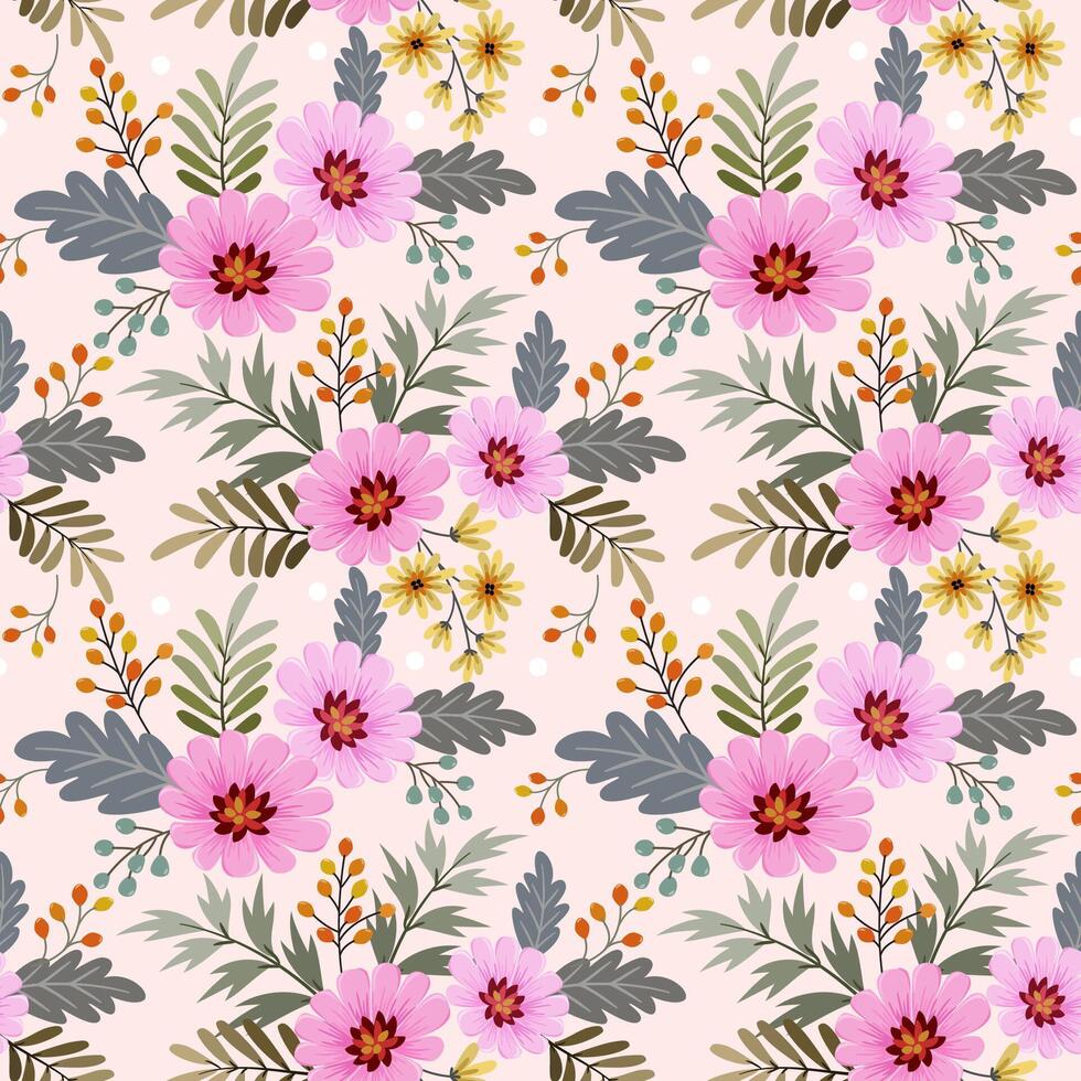 Pink and yellow flowers with leaf seamless pattern. vector