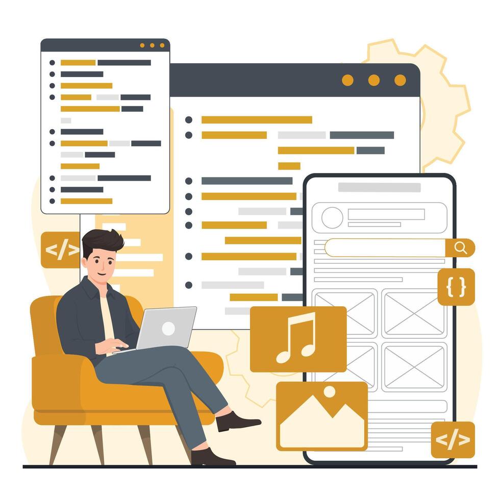 Programmer working on laptop in office. Programmer coding code on computer screen. Software development. illustration in flat style vector