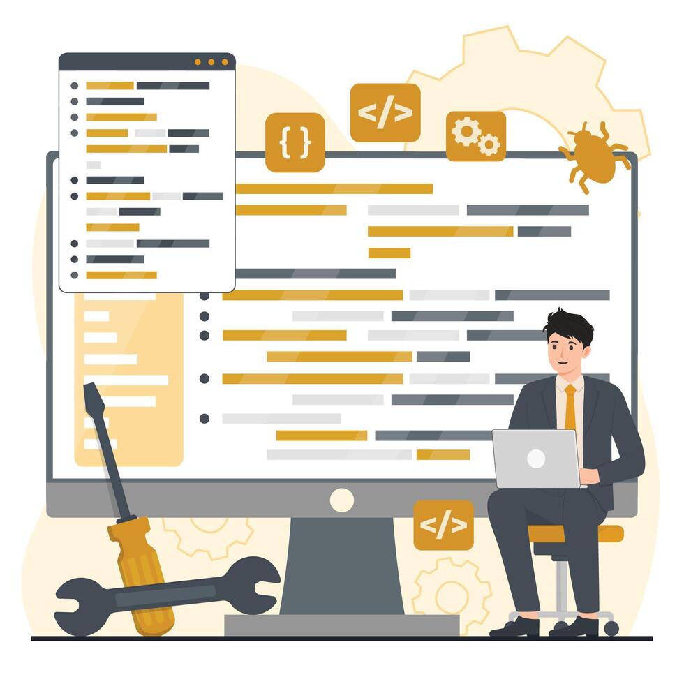 Software development, programming and coding concept. Programmer working on computer. illustration in flat style vector