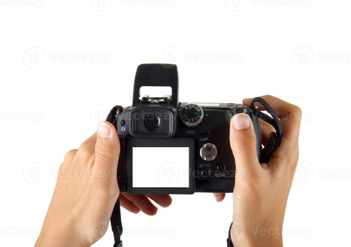 A person holding a camera with a white screen photo