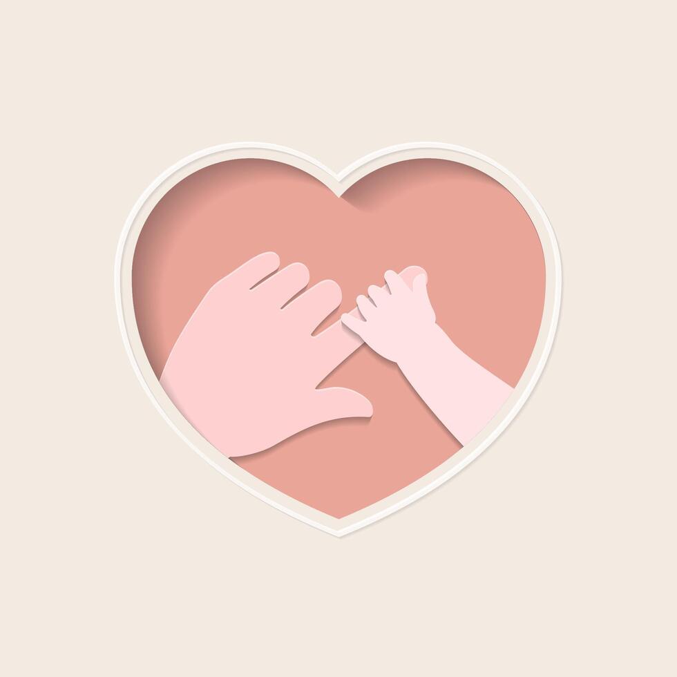 Hand of baby holding big finger of mother in heart shaped paper art vector