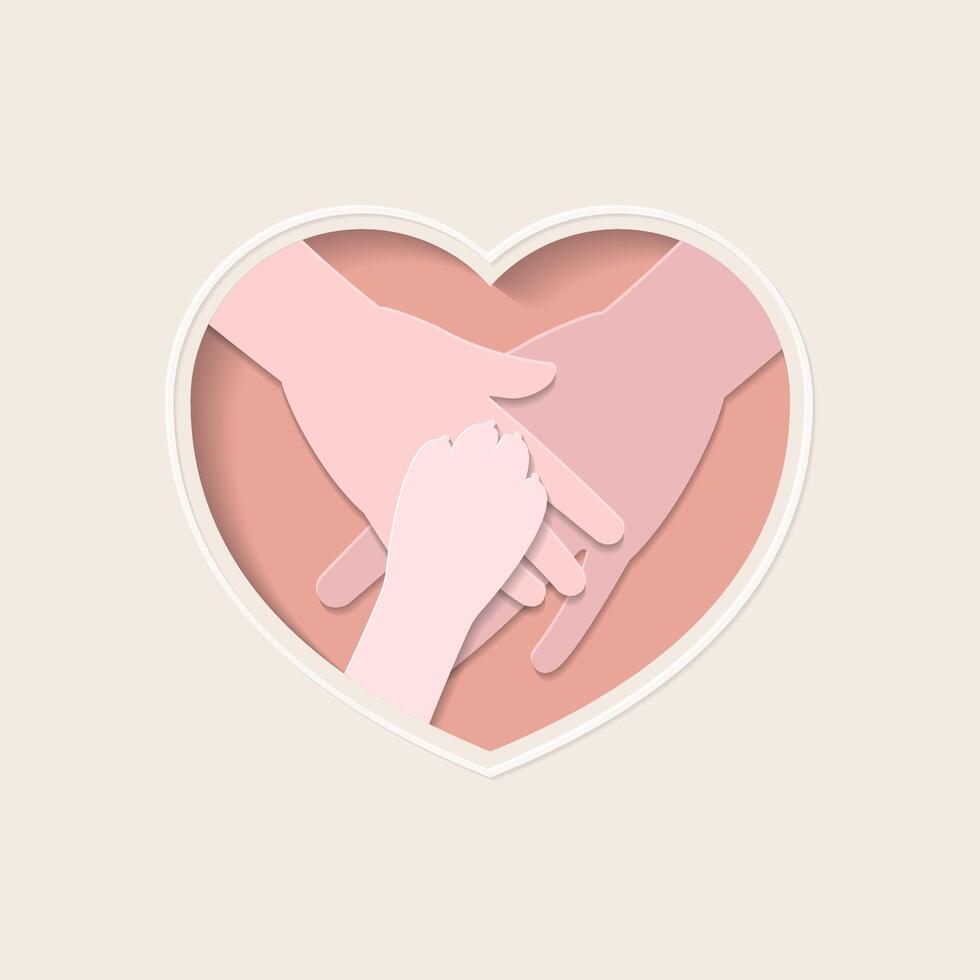Paw on two hands in heart shaped paper cutting art vector