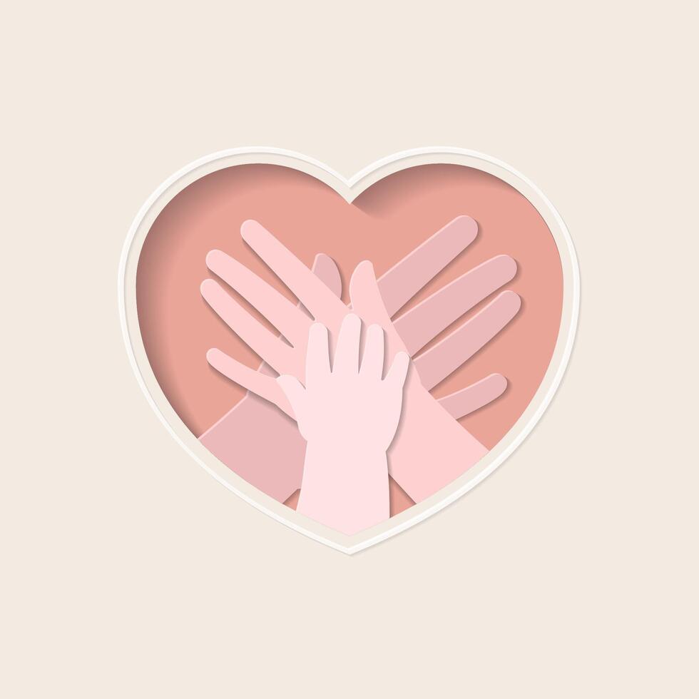 Hands of family members stacking in heart shaped paper cutting art vector