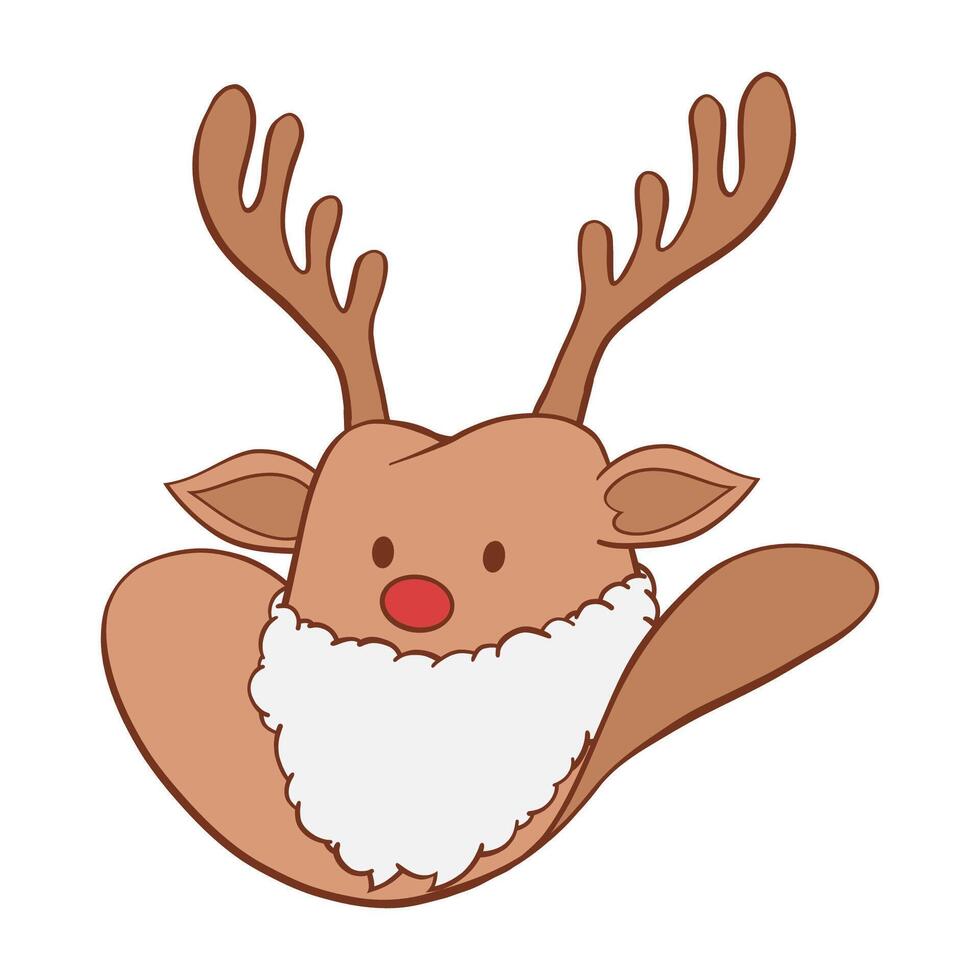 Christmas cowboy hat with reindeer antlers, Santa white fluffy beard, red nose, ears, and eyes hand drawn illustration vector