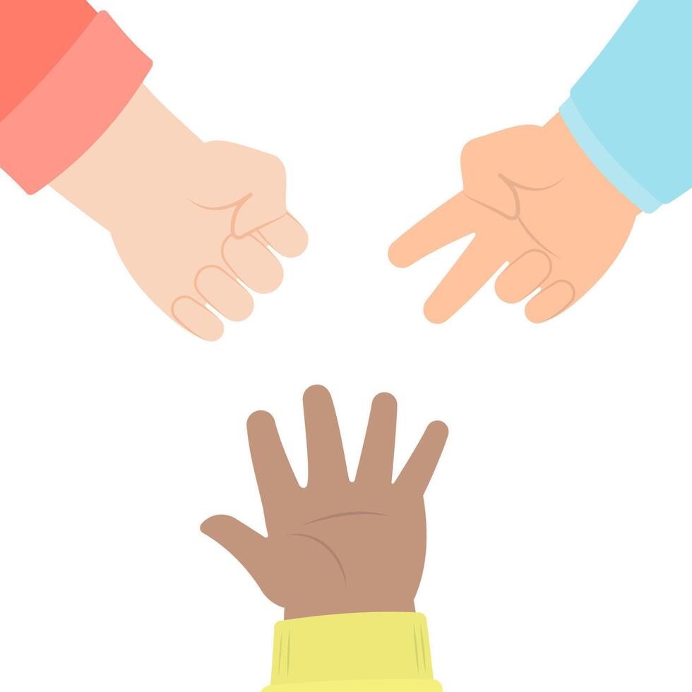 Rock paper scissors diverse kid hands palms up vector