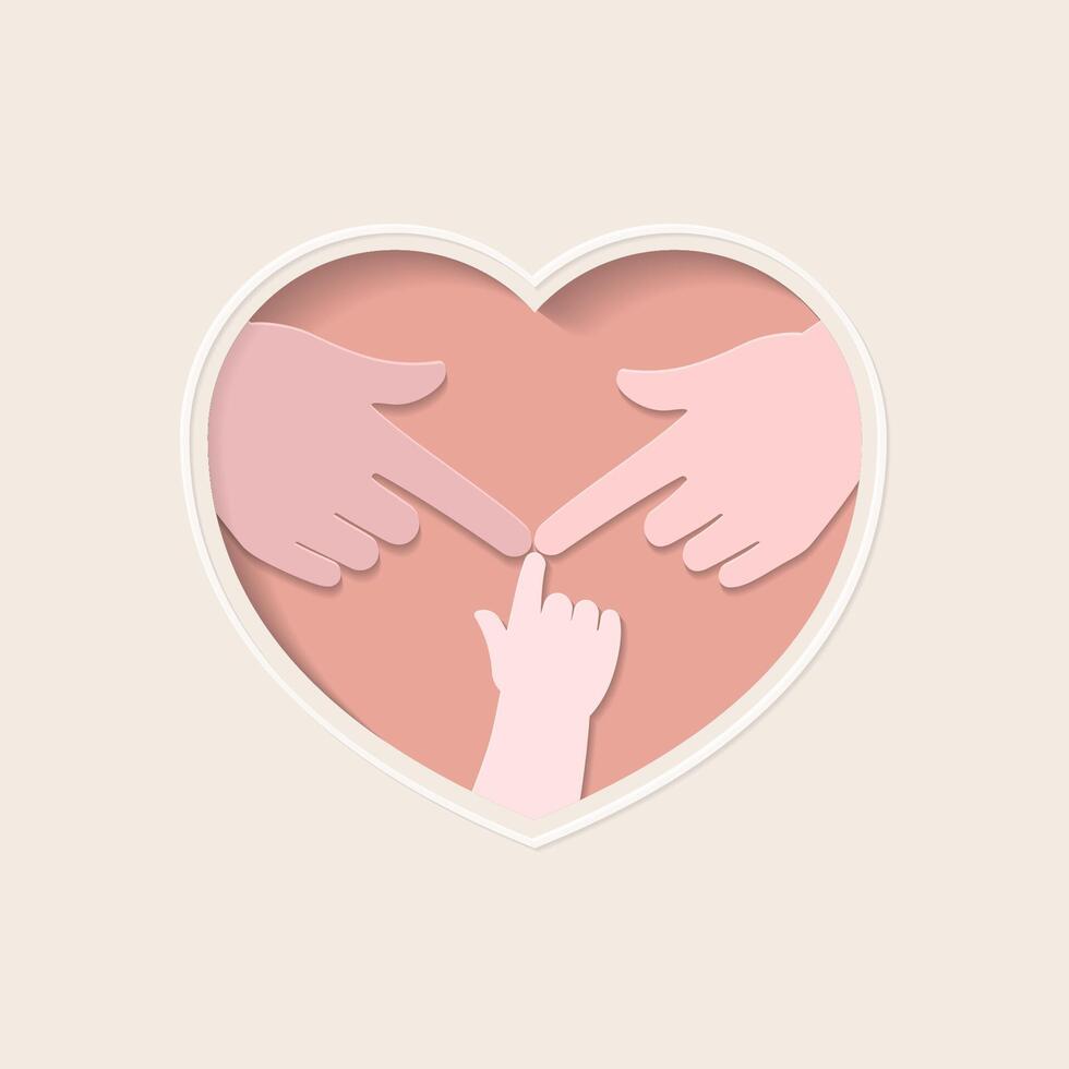Three fingers of family members touching in heart shaped paper cutting art vector