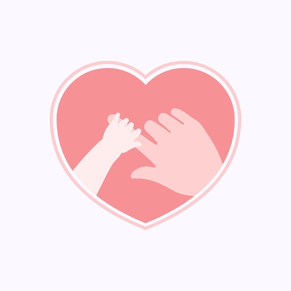 Hand of baby holding big finger in heart shaped flat design vector