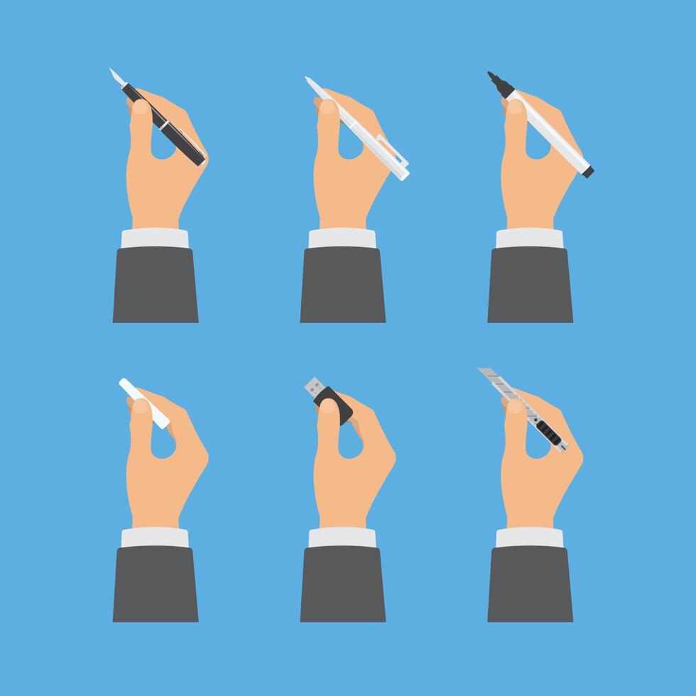 Hands holding office supplies set vector