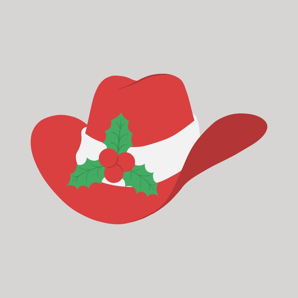 Red Christmas cowboy hat with holly berries and leaves hand drawn flat design illustration vector
