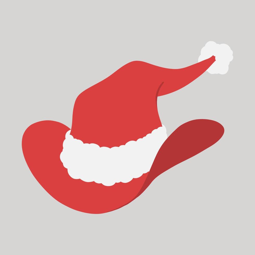 Red Christmas cowboy hat with Santa cap white fur trim and pom pom hand drawn flat design illustration vector